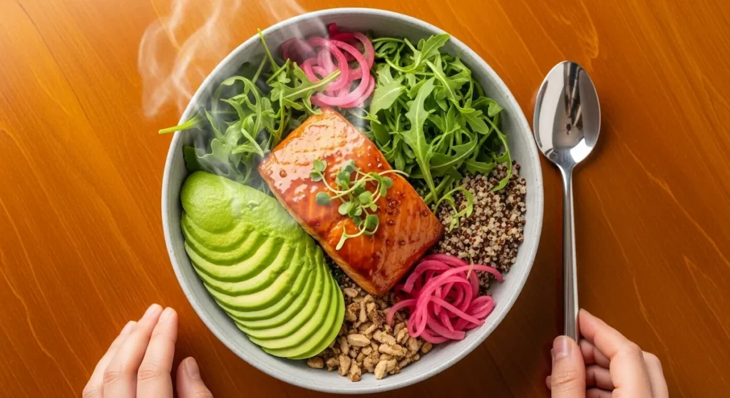 A finished, vibrant salmon bowl with flaky glazed salmon, avocado, arugula, quinoa, and pickled red onions in a ceramic bowl, steaming and ready to eat.