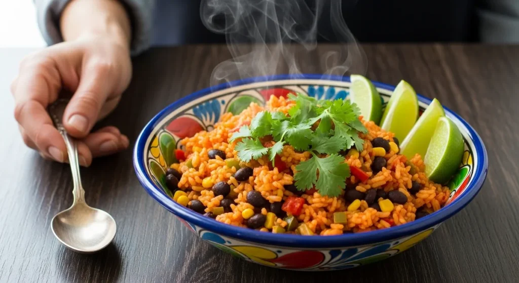 A completed bowl of hearty one-pot Mexican rice and beans with steam rising, ready to eat.