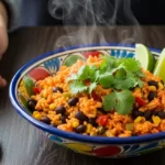 Easy Mexican Rice and Beans in 20 Minutes (Perfect for a Student Budget!) A completed bowl of hearty one-pot Mexican rice and beans with steam rising, ready to eat.