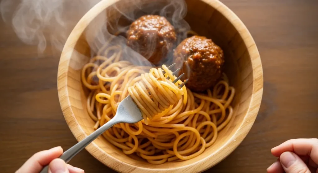 A complete serving of easy spaghetti and meatballs for kids in a wooden bowl, with steam rising and a hand holding a fork.