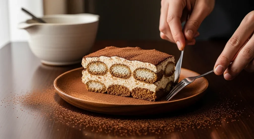 A slice of homemade tiramisu with creamy layers and cocoa dusting, served on a dark wood table.