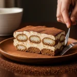 A slice of homemade tiramisu with creamy layers and cocoa dusting, served on a dark wood table.