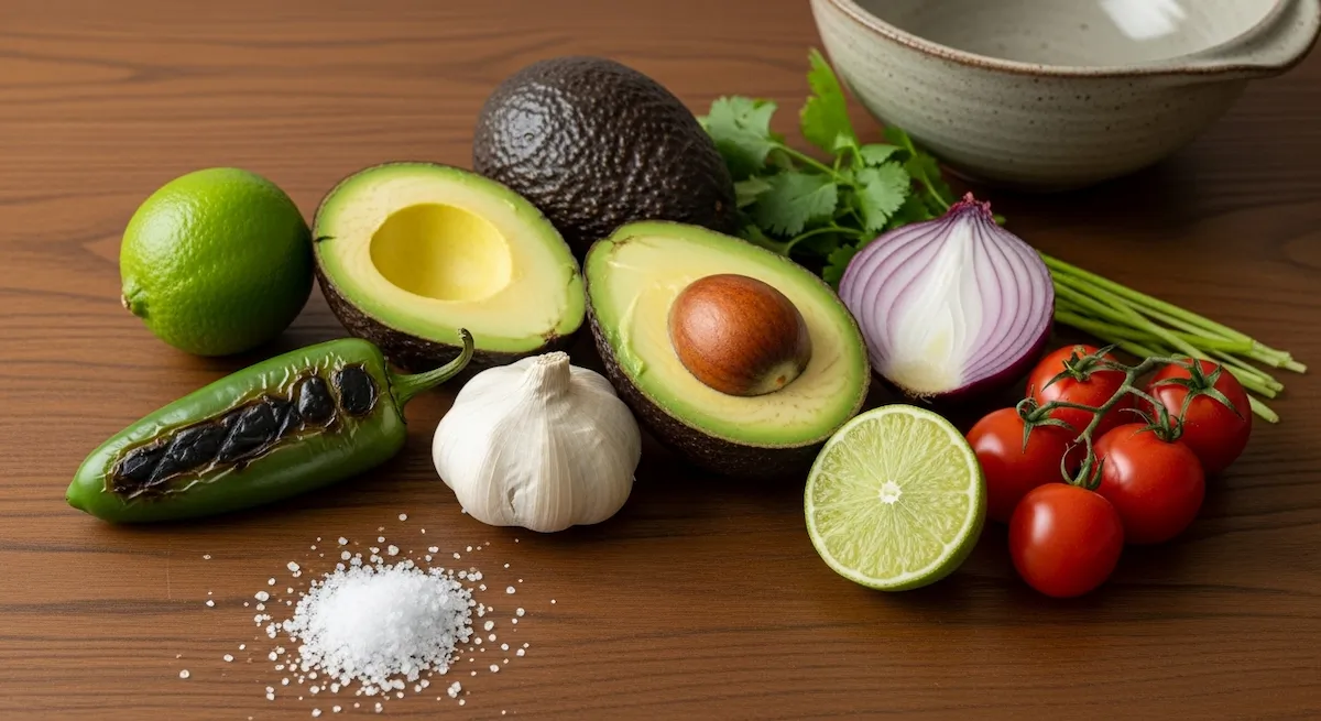 All fresh ingredients for making guacamole laid out flat: avocados, lime, jalapeño, garlic, cilantro, onion, and tomatoes.