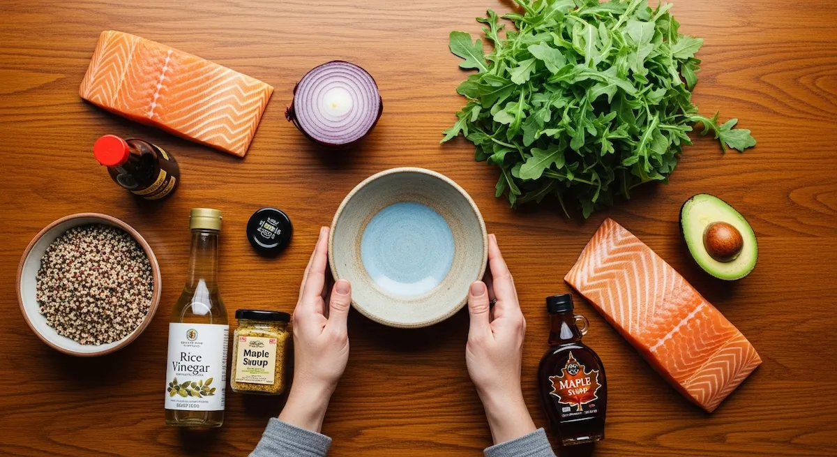 All raw ingredients for a salmon bowl including salmon, avocado, arugula, quinoa, and sauces arranged around a ceramic bowl.