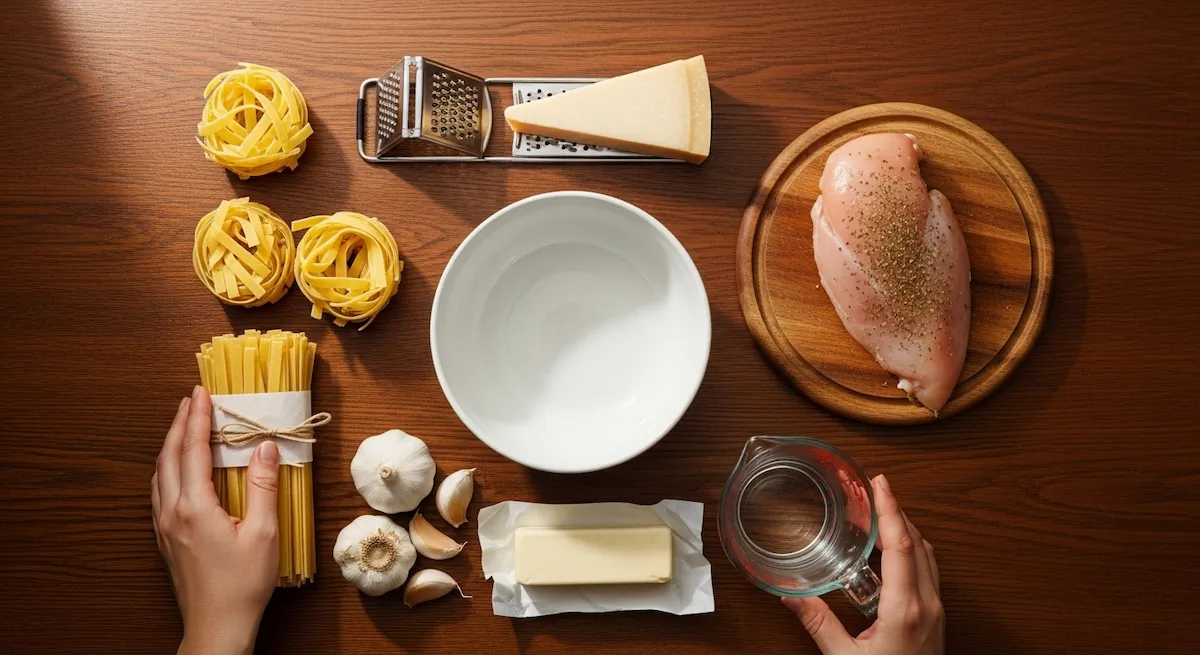 All ingredients for easy Chicken Alfredo pasta including chicken, fettuccine, parmesan, and butter.