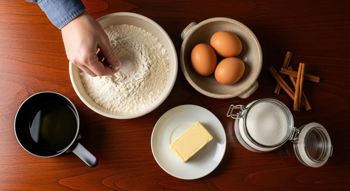 All ingredients for making churros arranged on a dark wood table.