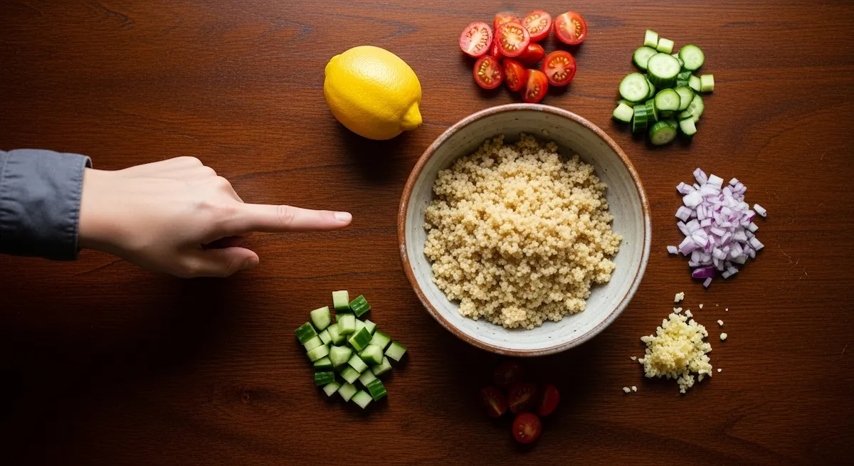All fresh ingredients for lemon herb quinoa salad arranged around a bowl of quinoa.