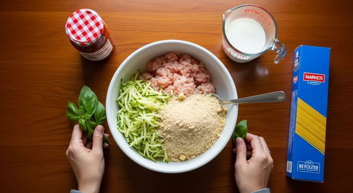 Raw ingredients for easy spaghetti and meatballs including ground chicken, zucchini, and breadcrumbs in a ceramic bowl.