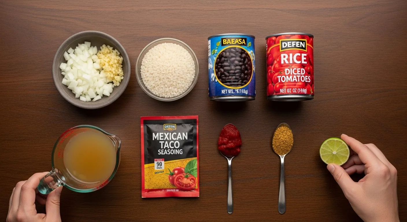 Overhead shot of all ingredients for one-pot Mexican rice and beans on a dark wood table.
