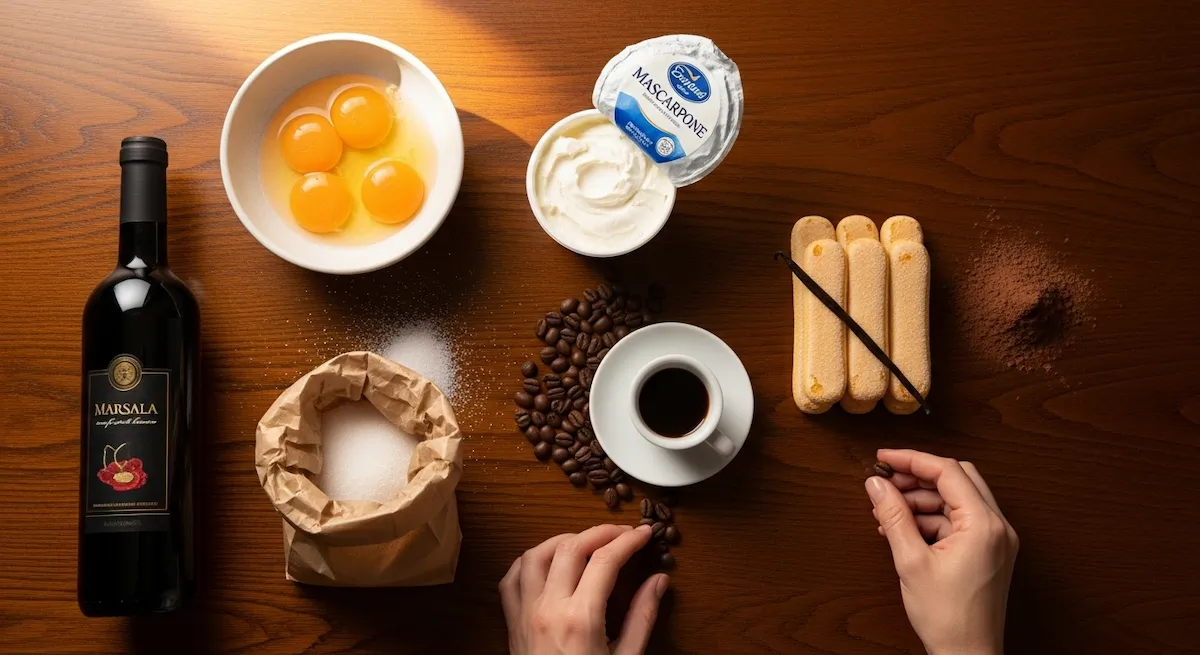 All ingredients for making tiramisu laid out on a dark wood table including mascarpone, eggs, and espresso.