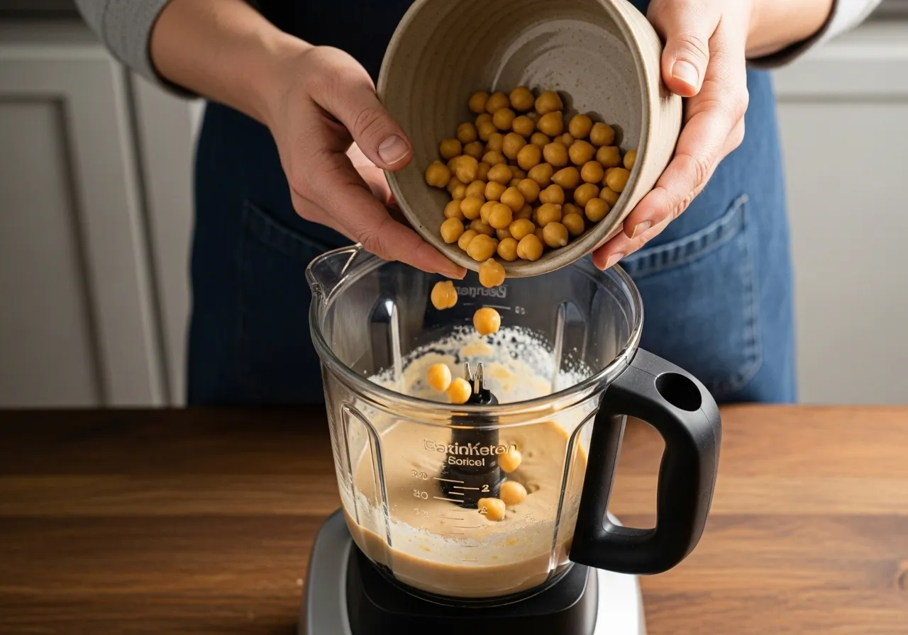 Hands adding warm chickpeas from a ceramic bowl into a blender with the creamy tahini base.