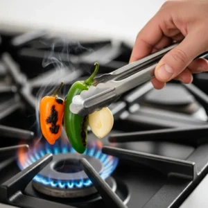 Charring a jalapeño and garlic clove directly over a gas stove flame for guacamole.