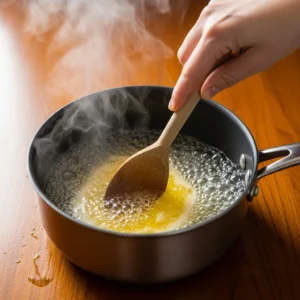 A hand stirring a saucepan with melting butter, water, and sugar for churro dough.