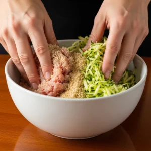 A person's hands gently mixing ground chicken and zucchini for meatballs in a ceramic bowl.