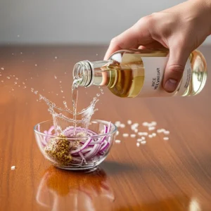 A hand pouring rice vinegar into a bowl of sliced red onions and mustard to make a quick pickle.
