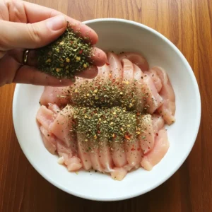A hand seasoning sliced chicken breast with Italian herbs in a ceramic bowl.