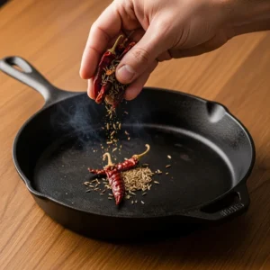 A hand toasting dried guajillo chilies and cumin seeds in a hot, dry cast-iron skillet.