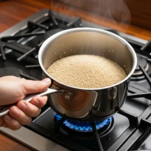 A hand toasting rinsed quinoa in a dry pot over a gas flame.