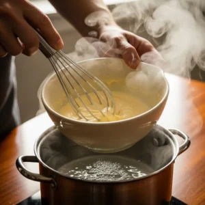 Hands whisking egg yolks and sugar in a bowl over simmering water to make zabaglione.