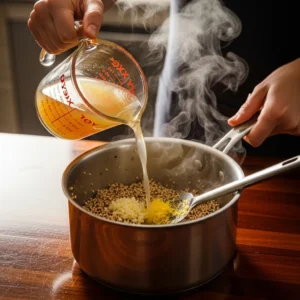 A hand pouring vegetable broth into a pot with toasted quinoa and garlic.