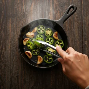 A hand turning jalapeño and garlic in a hot, dry skillet to blacken them.