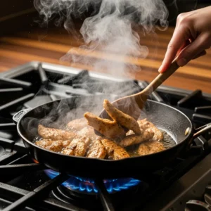 Cooking seasoned chicken slices in a skillet on the stove with steam rising.