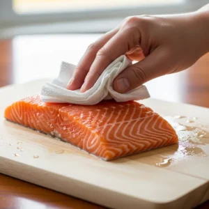A hand patting a raw salmon fillet dry with a paper towel on a cutting board.