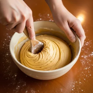 A hand mixing flour into the hot liquid to form a thick churro dough ball.
