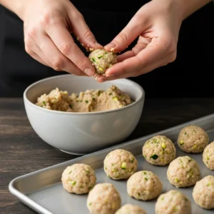 Close-up of a person's hands rolling a small meatball from the chicken mixture.