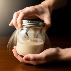 Human hands shaking a sealed jar of tahini to mix the oils before using.