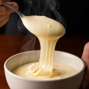 Checking if the cooked zabaglione is ready by testing the ribbon stage.