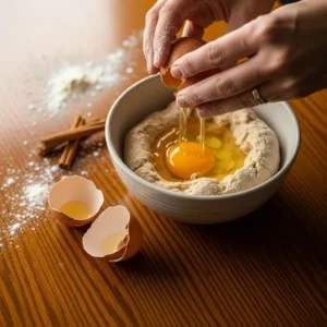 A hand cracking a fresh egg into a bowl of churro dough.