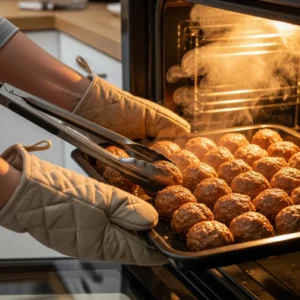 A person's hands removing a tray of golden baked meatballs from the oven.