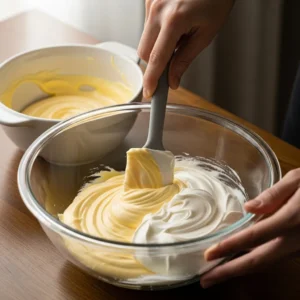 Folding the cooled zabaglione into the mascarpone cheese with a spatula.