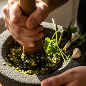 Mashing the charred jalapeño, garlic, and cilantro stems into a paste in a mortar.