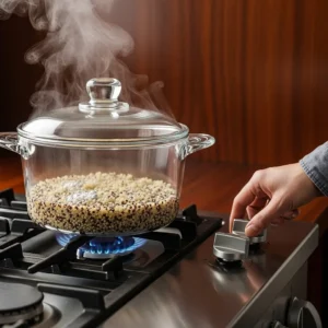 A pot of quinoa simmering with a clear lid on a low flame.