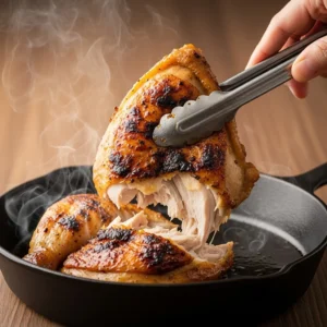 Using tongs to remove a piece of golden cooked chicken from the skillet.