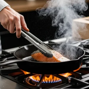A hand placing a salmon fillet into a hot skillet with visible flames and sizzle.