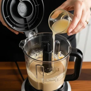 Hands pouring lemon juice into a blender with tahini to whip it into a creamy paste.