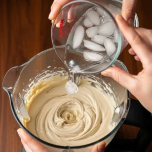 Hands slowly drizzling ice water into a blender while making creamy hummus.