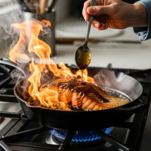 A hand spooning a glossy soy-maple glaze over a searing salmon fillet in a skillet.