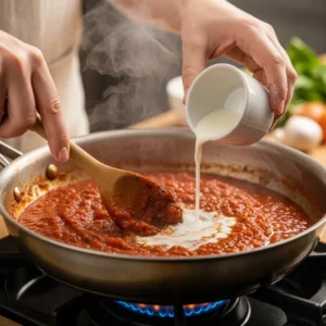 A person's hands stirring marinara sauce in a skillet while pouring in milk.