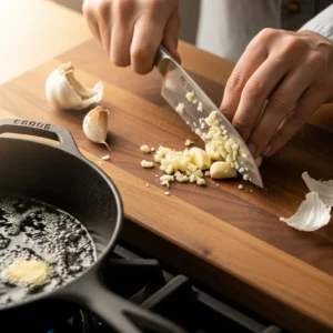 A hand mincing fresh garlic cloves on a dark wood cutting board.