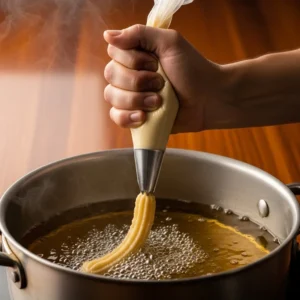 A hand piping a strip of churro dough from a piping bag into hot oil.