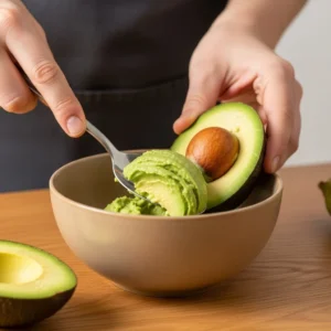 Scooping the green flesh out of a halved avocado into a ceramic bowl.