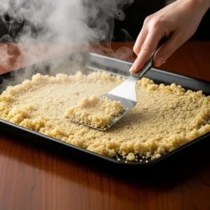 A hand spreading hot cooked quinoa on a tray to cool down.