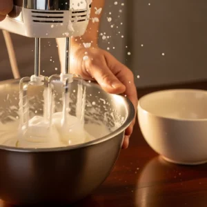 Whipping cold heavy cream to soft peaks with a hand mixer.