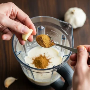 Hands adding a garlic clove and ground cumin into a blender pitcher with the hummus base.