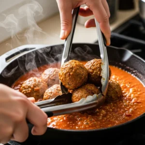 A person's hands adding baked meatballs to the simmering red sauce in a skillet.