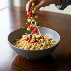A hand mixing cooled quinoa with colorful diced vegetables in a bowl.